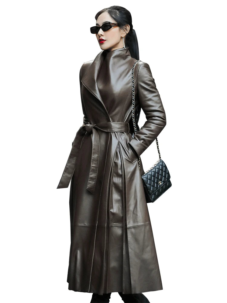 Nerazzurri Autumn Long Brown Black Soft Faux Leather Trench Coat for Women Belt Skirted Elegant Luxury Fashion